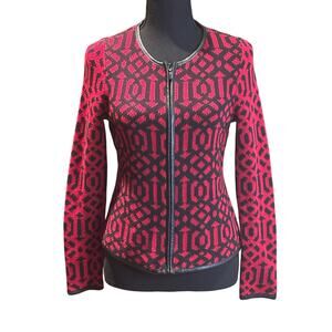 Chico's Red Black Geo Zip Front Cardigan Sweater, Chico's Sz 0 (4-6)